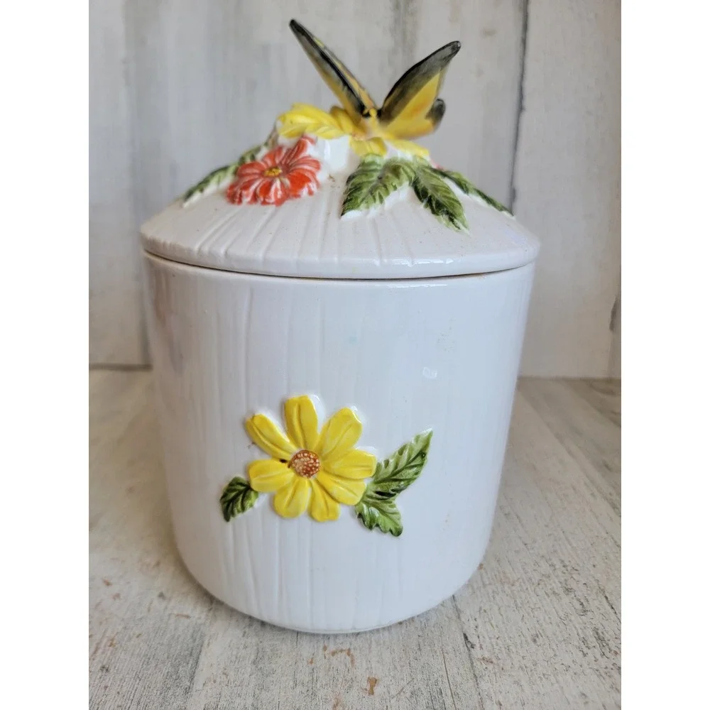Vintage 3D butterfly kitchen canister jar unique floral home decor lidded - Picture 12 of 14